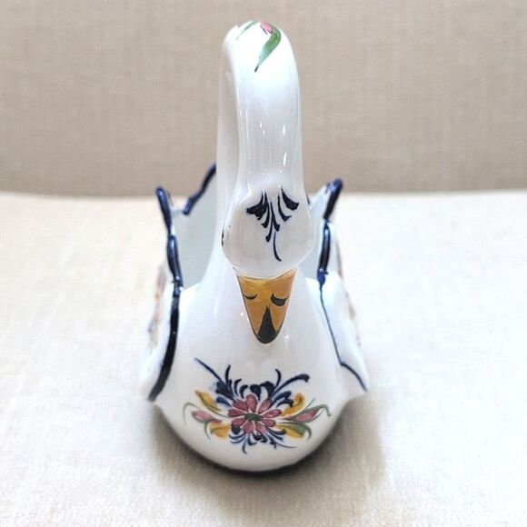 Elegant Hand Painted White Swan Ceramic Art Piece Floral Swan Planter Bowl - Picture 2 of 11